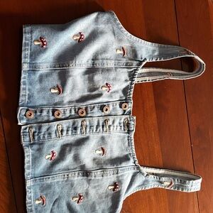 Embroidered Denim Crop Top with Mushroom Design fashionsNOVA